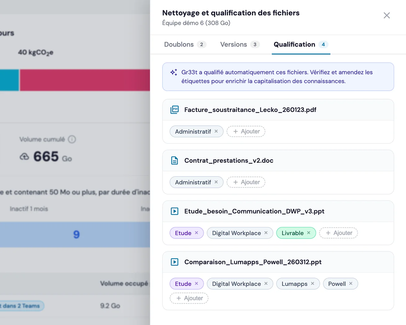 Interface Knowledge Graph Gr33t, taxonomie configurée et documents qualifiés
